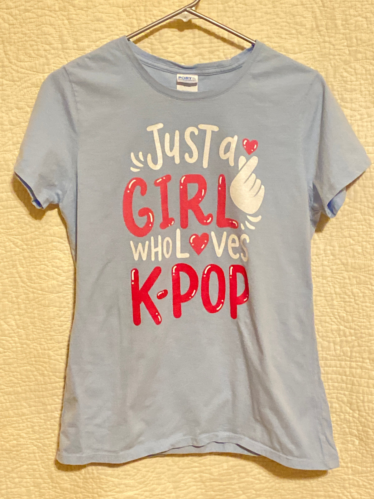 Light blue short sleeve Shirt just a girl who - size Junior - M (7/9)