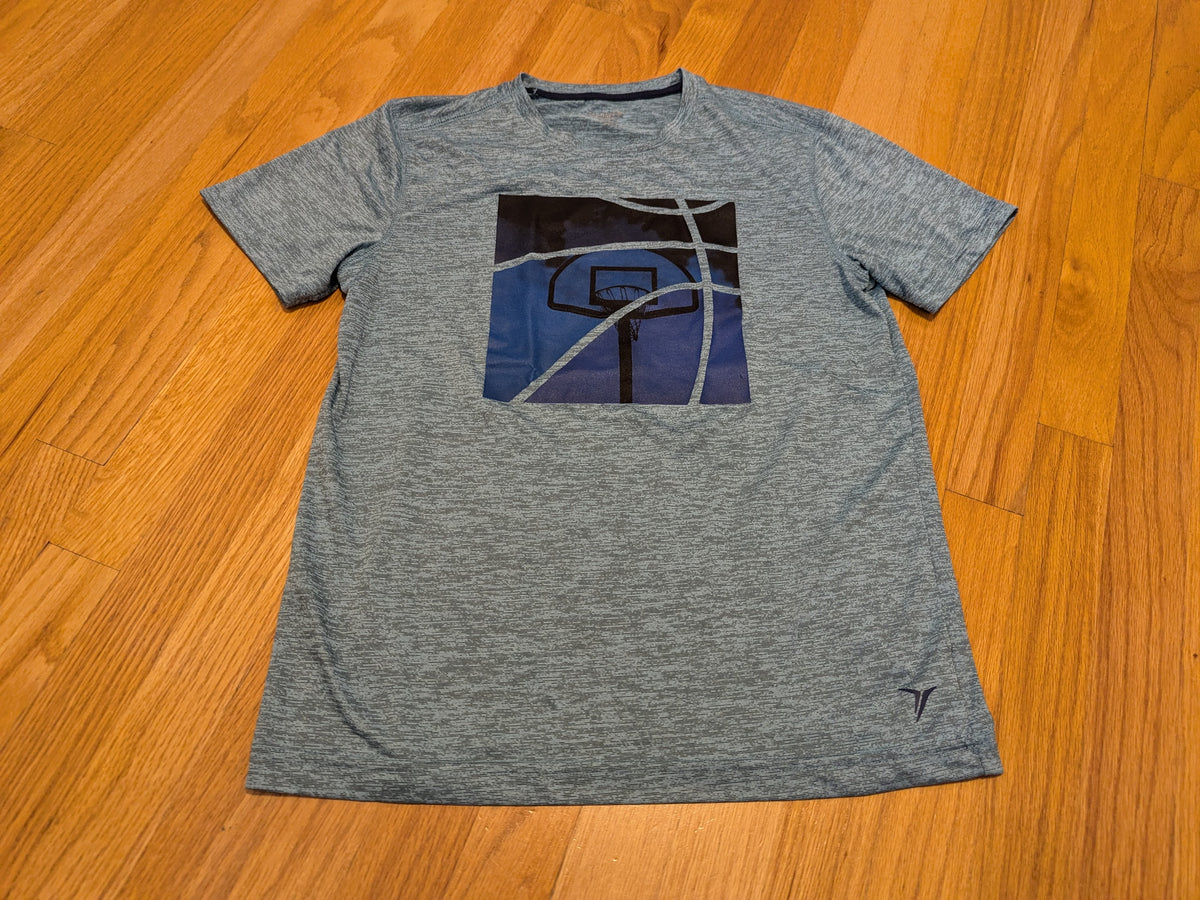 SS turq. athletic shirt W/basketball hoop print - size Teen/Men - S (29-31)
