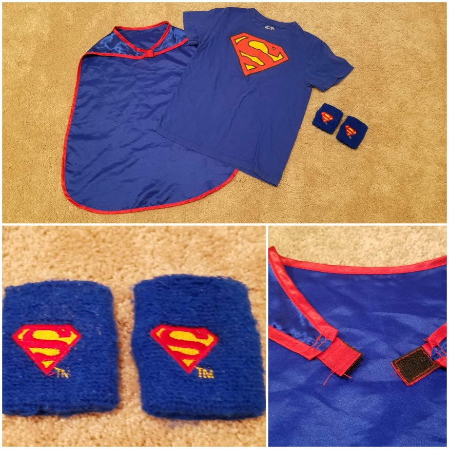SS Blue Superman shirt, Blue cape, wrist cuffs - size Youth - 6 (S)
