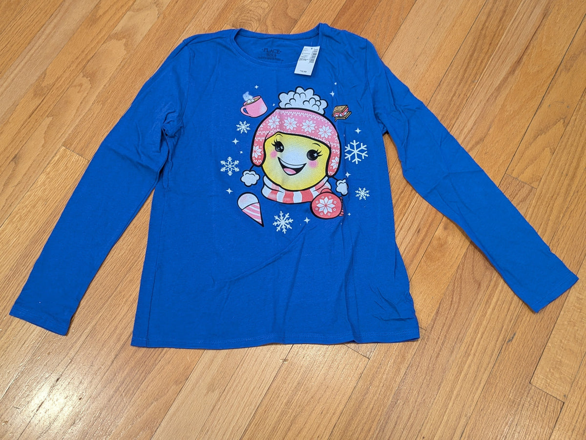 New! LS blue shirt W/winter smiley print - size Youth - 16 (XL)