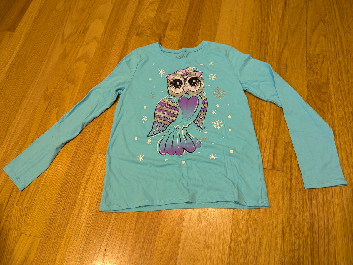 LS turquoise shirt W/Snowflake/owl print - size Youth - 14 (XL)