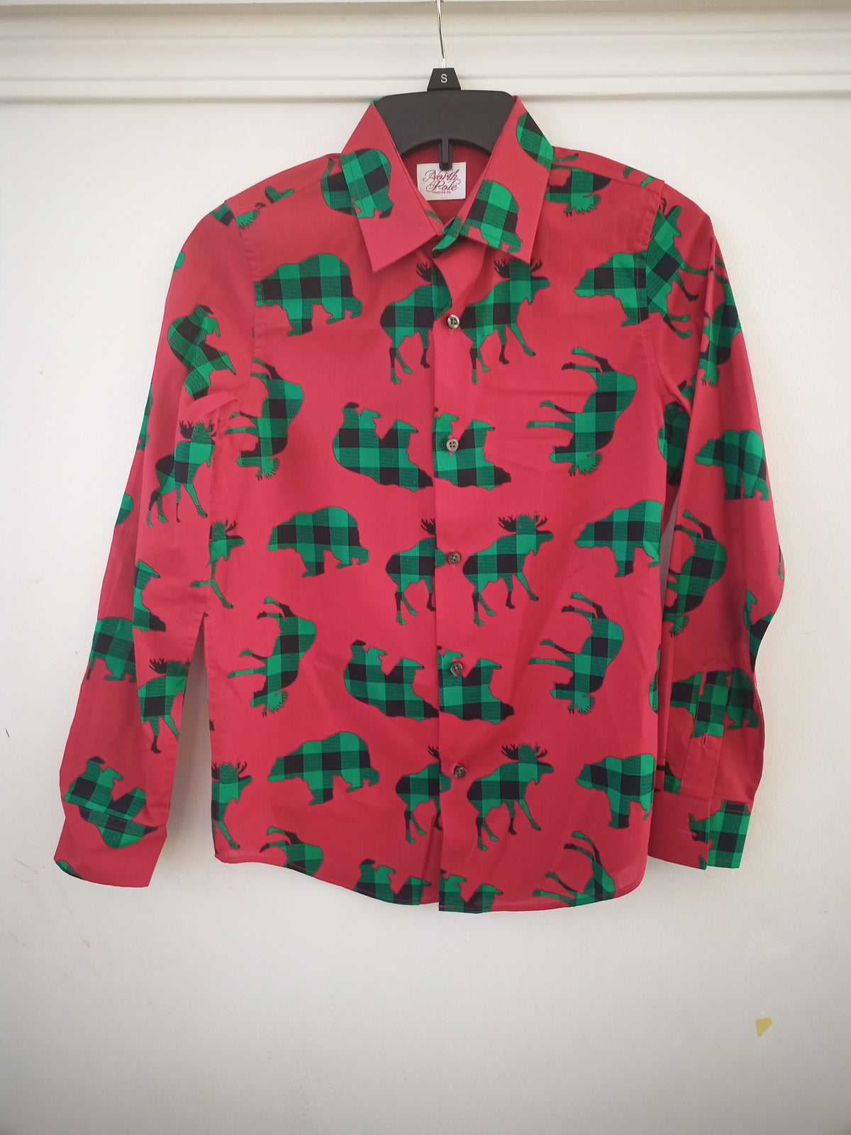 LS Dress shirt - EUC red w/ green moose/bear - size Youth - 12 (L)
