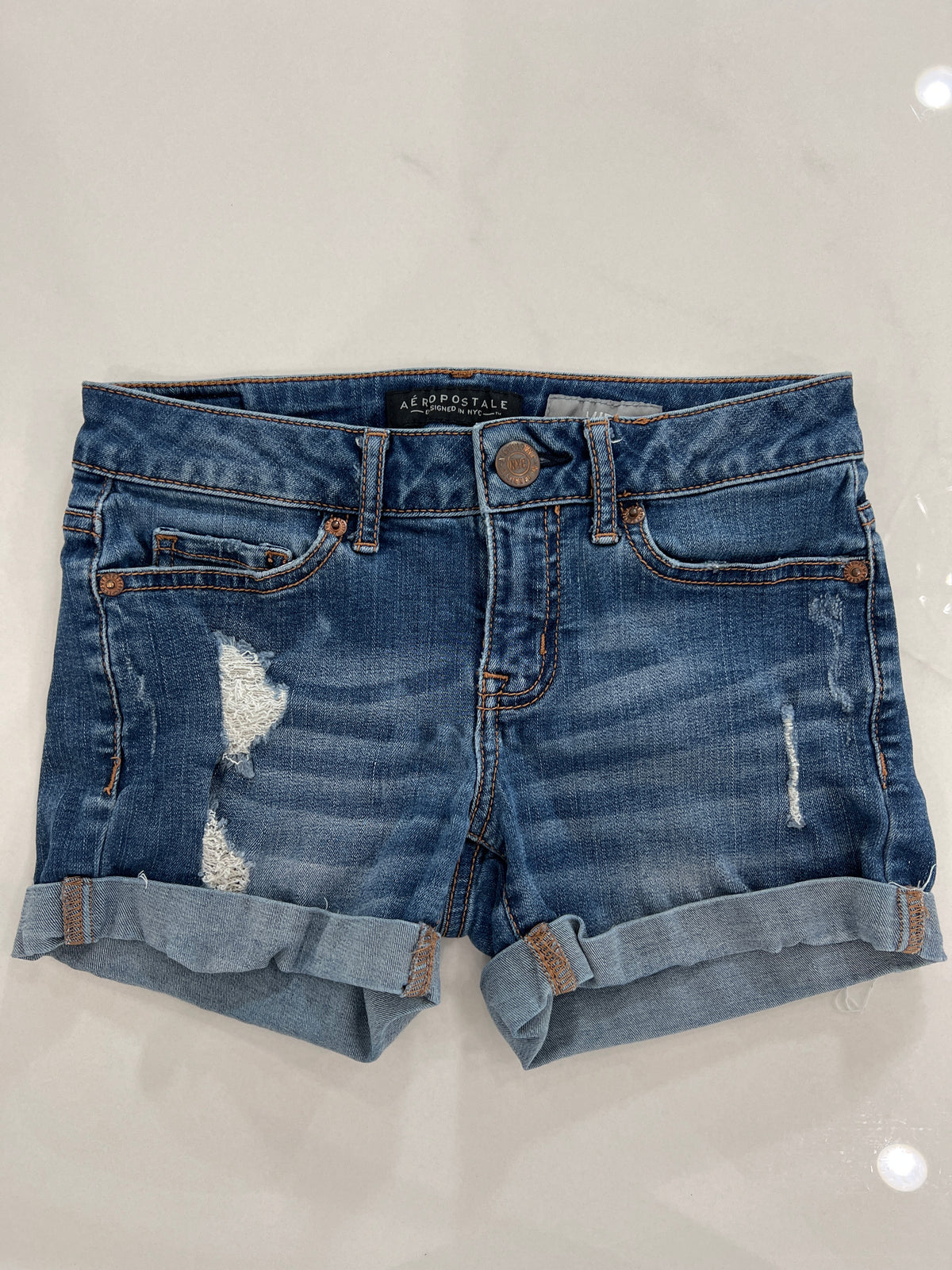 Aeropostale jean shorts Sz000 Med drk wash midi - size Junior - XS (0/1)