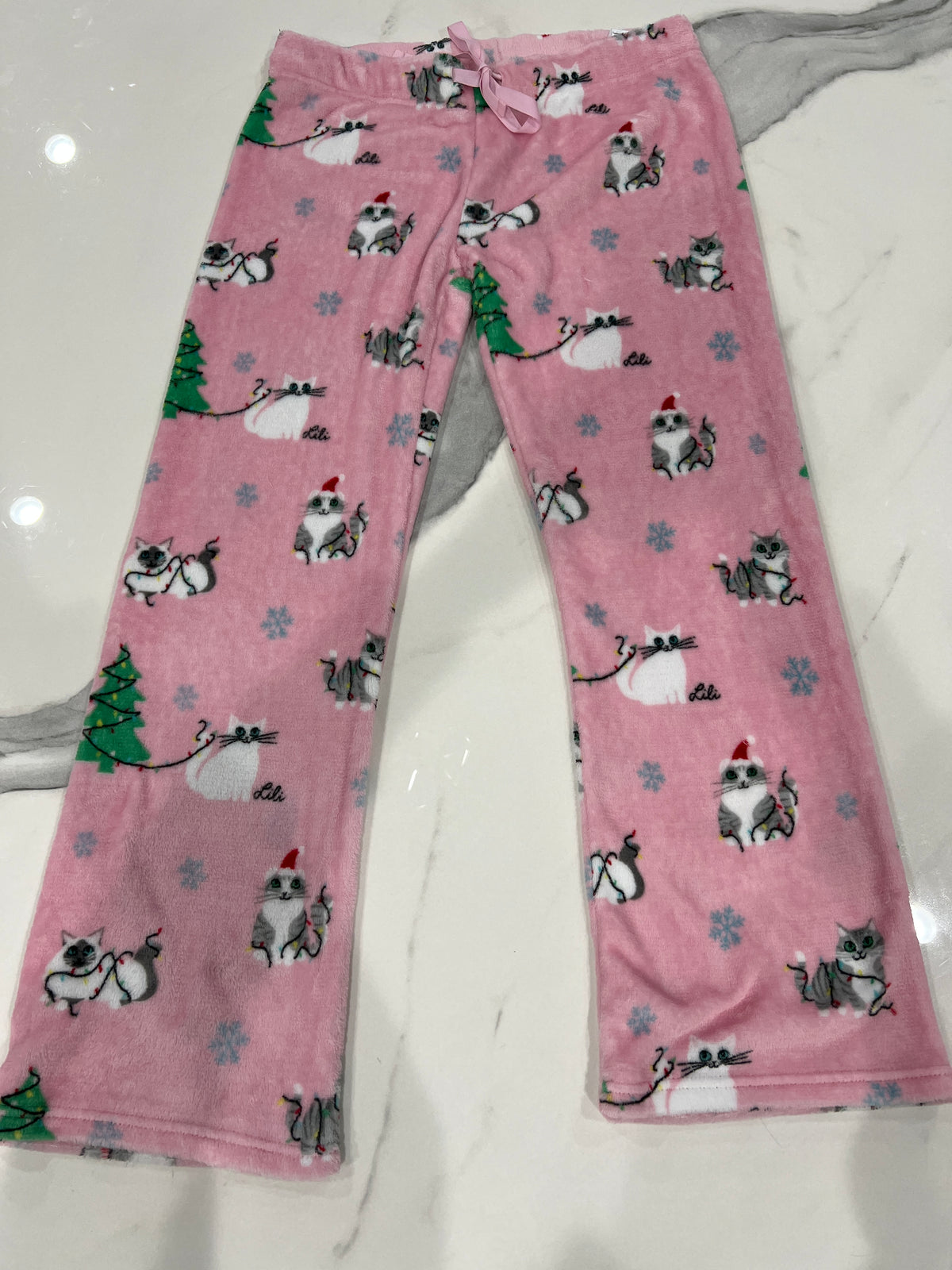 Pink plush cat pj pants SzL but fits lk M EUC - size Junior - M (7/9)