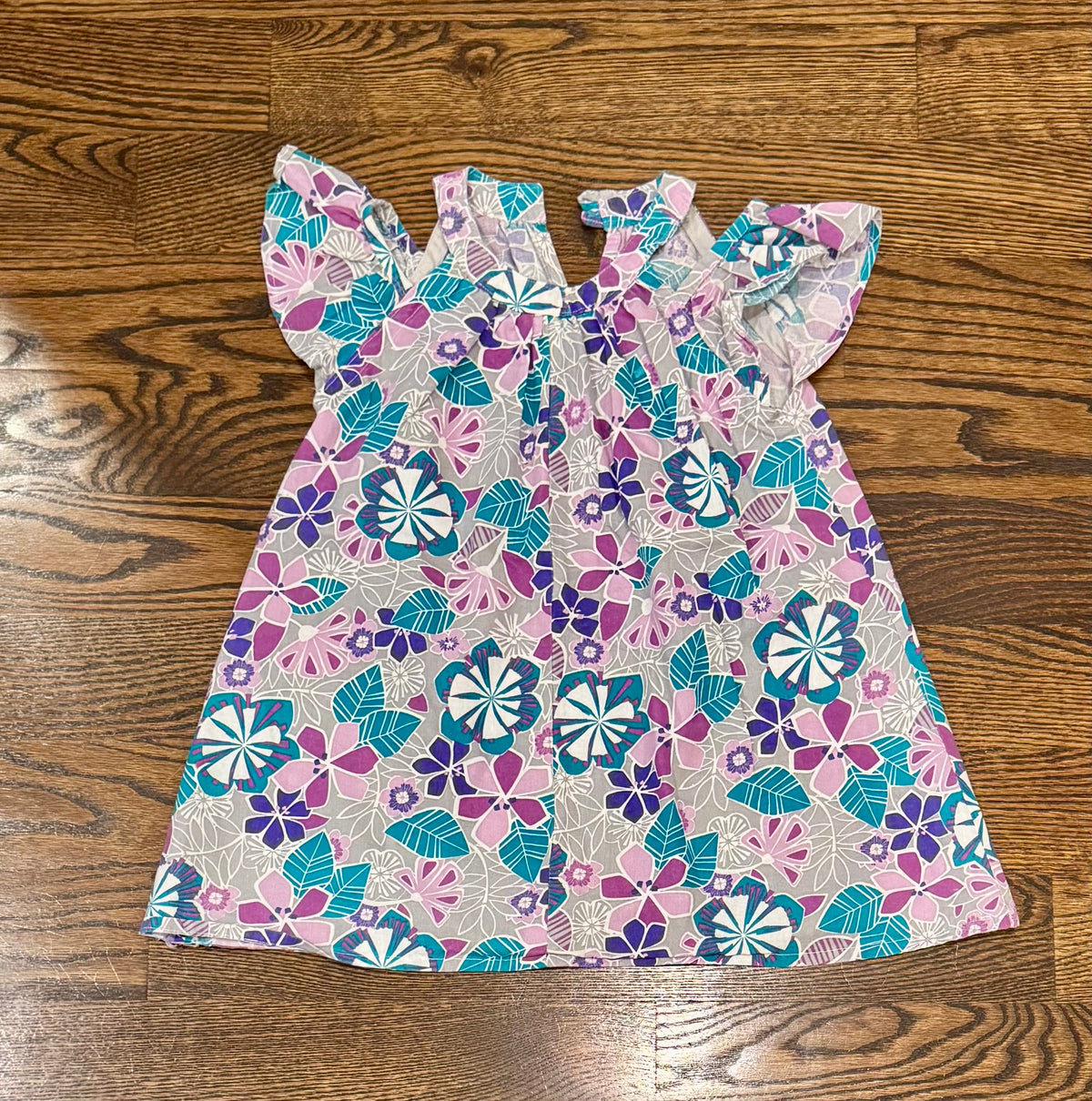 Size 5 sleeveless grey, blue/purple flower dress - size Youth - 5 (XS)