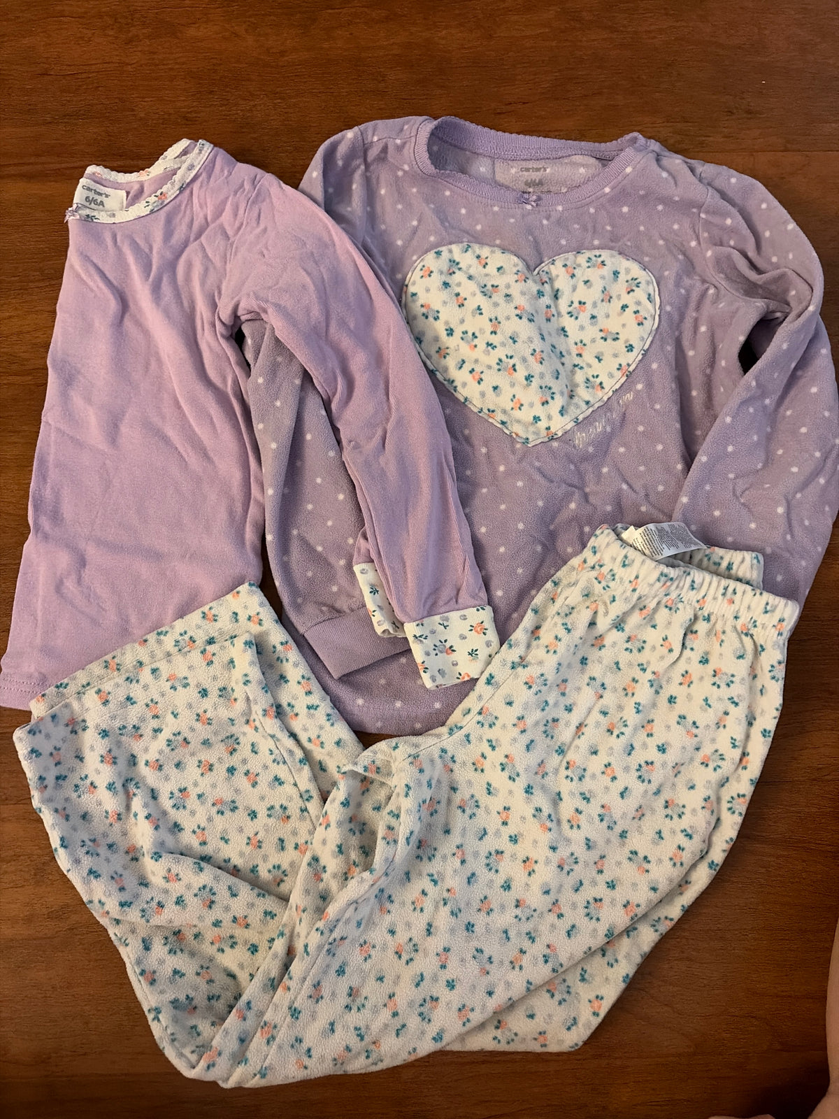 Carters 3 pc fleece pj set Purple Heart floral - size Youth - 6 (S)