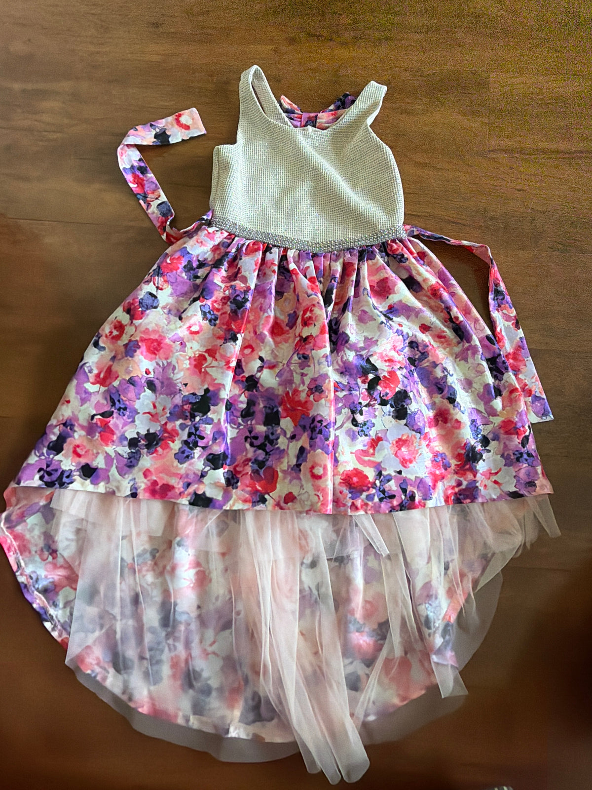 Bonnie Jean Sz 7 rose gold floral hi/low dress - size Youth - 7 (S)