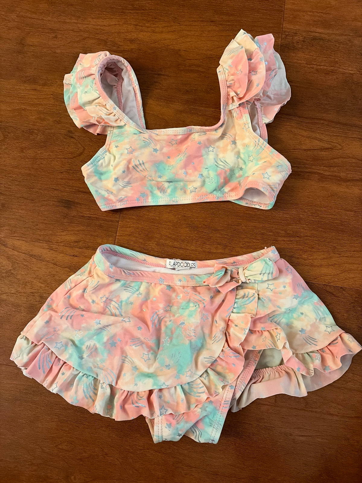 Flap doodles 2 pc swim suit stars pink teal - size Youth - 6 (S)