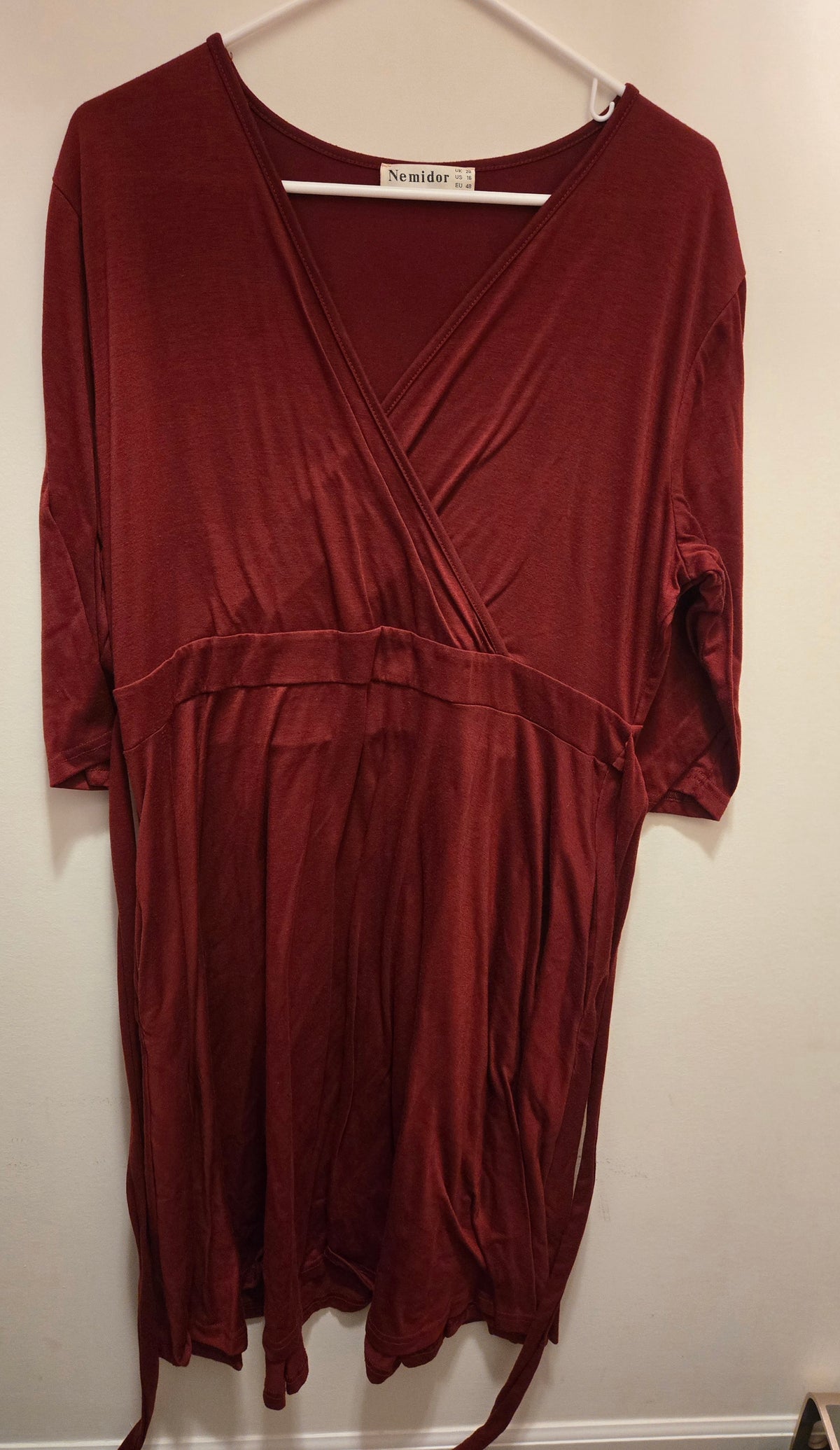 3/4 Sleeve Dark Red With Empire Tie Back - size Women - 1X (16/18W)