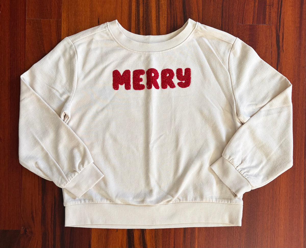 MERRY sweatshirt - letters are sparkly red - size Youth - 6 (S)