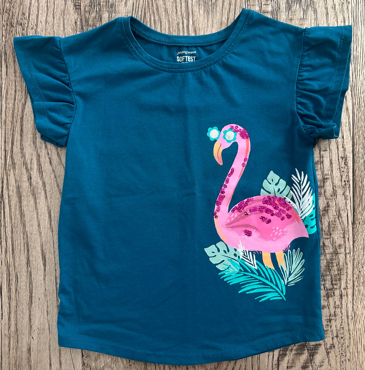Teal s/s flamingo shirt w sequins - EUC - size Youth - 5 (XS)