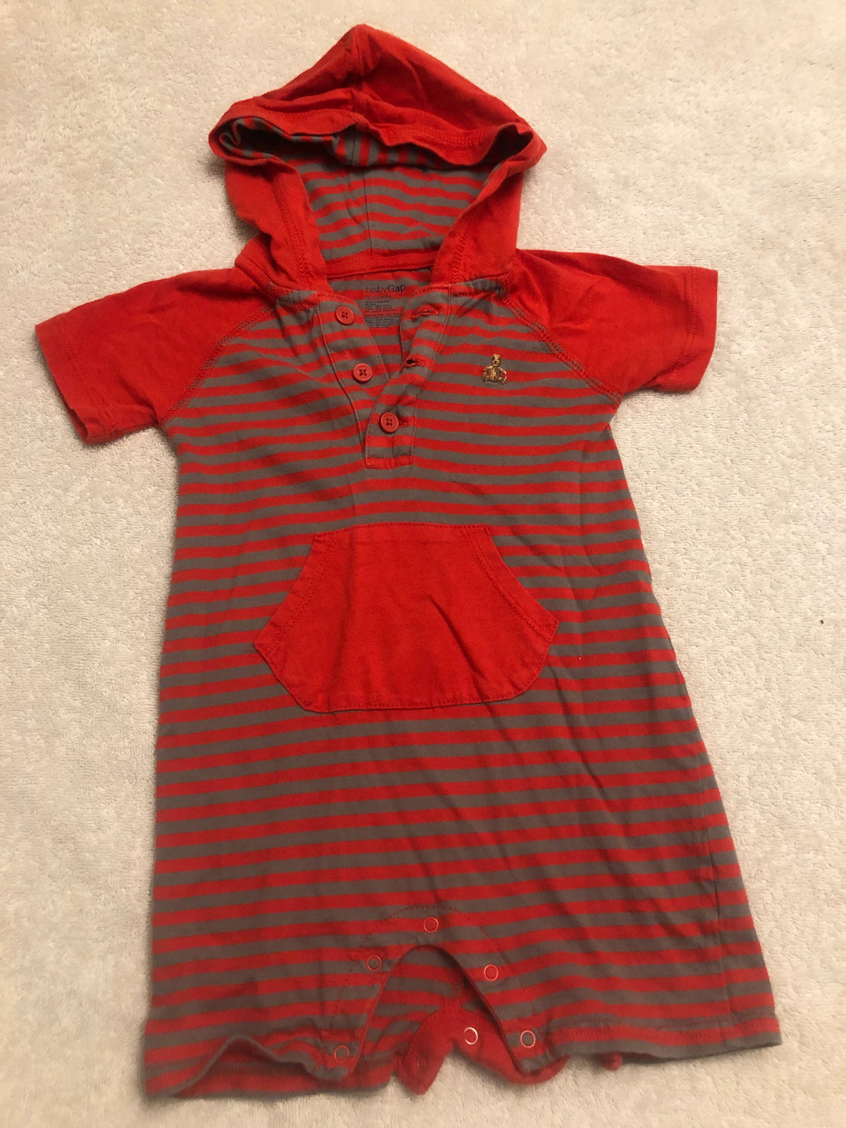 Baby Gap S/S EUC Hooded Shorts Red Stripe Romper - size Month - 18-24 / 24M
