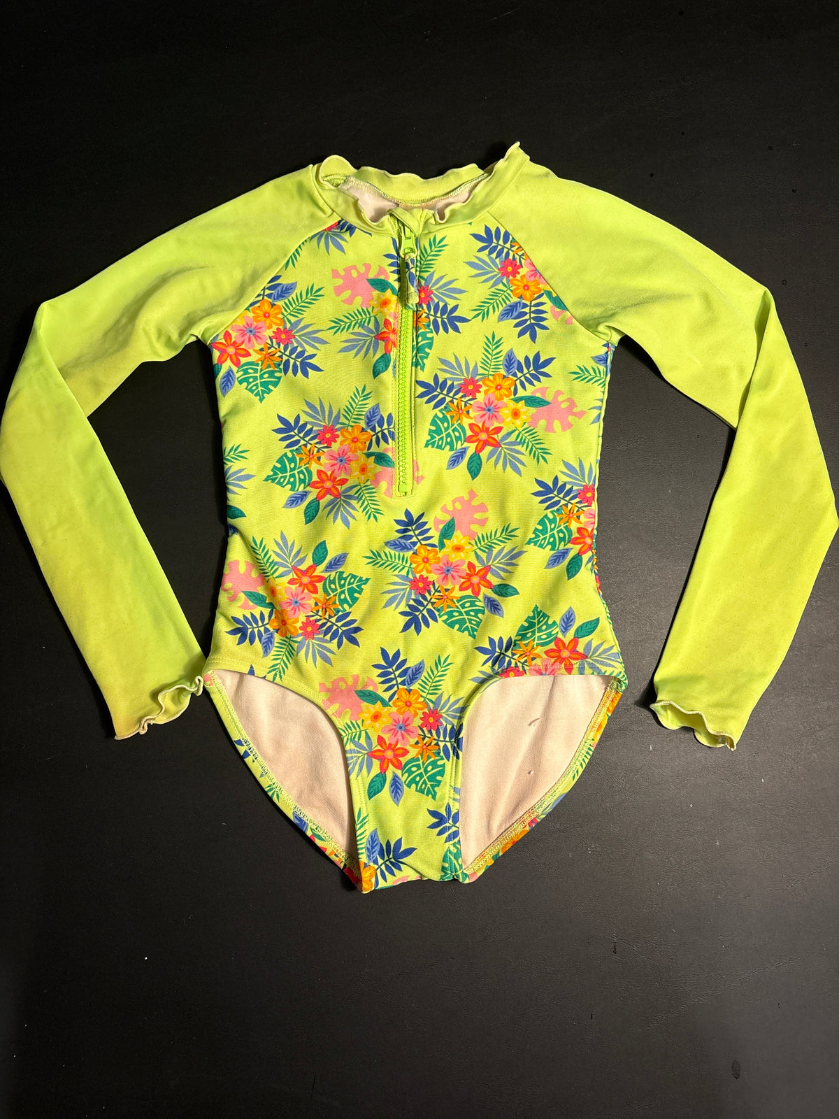 Cat & Jack lime green floral LS swimsuit - size Youth - 6 (S)
