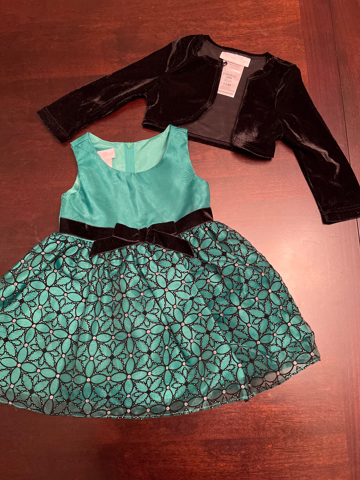 Bonnie Baby green fancy dress & black sweater - size Month - 9-12 / 12M