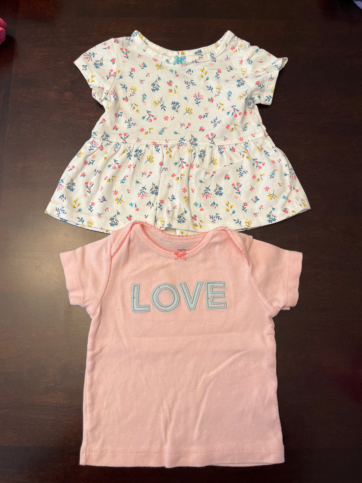 2 Carters tshirts 6M Love and white flowers - size Month - 3-6 / 6M