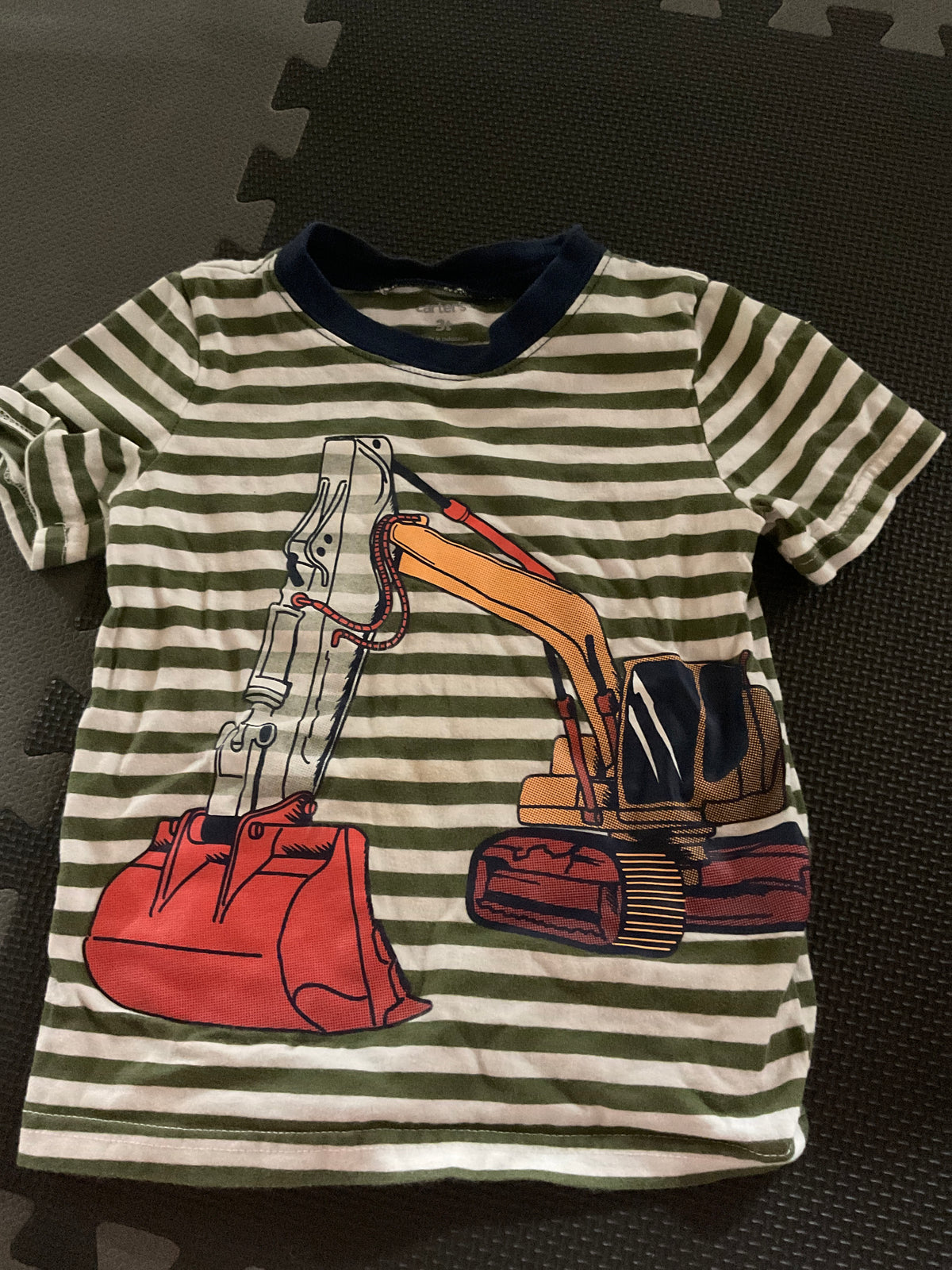 Green and white stripped Excavator short sleeve - size Toddler - 3T