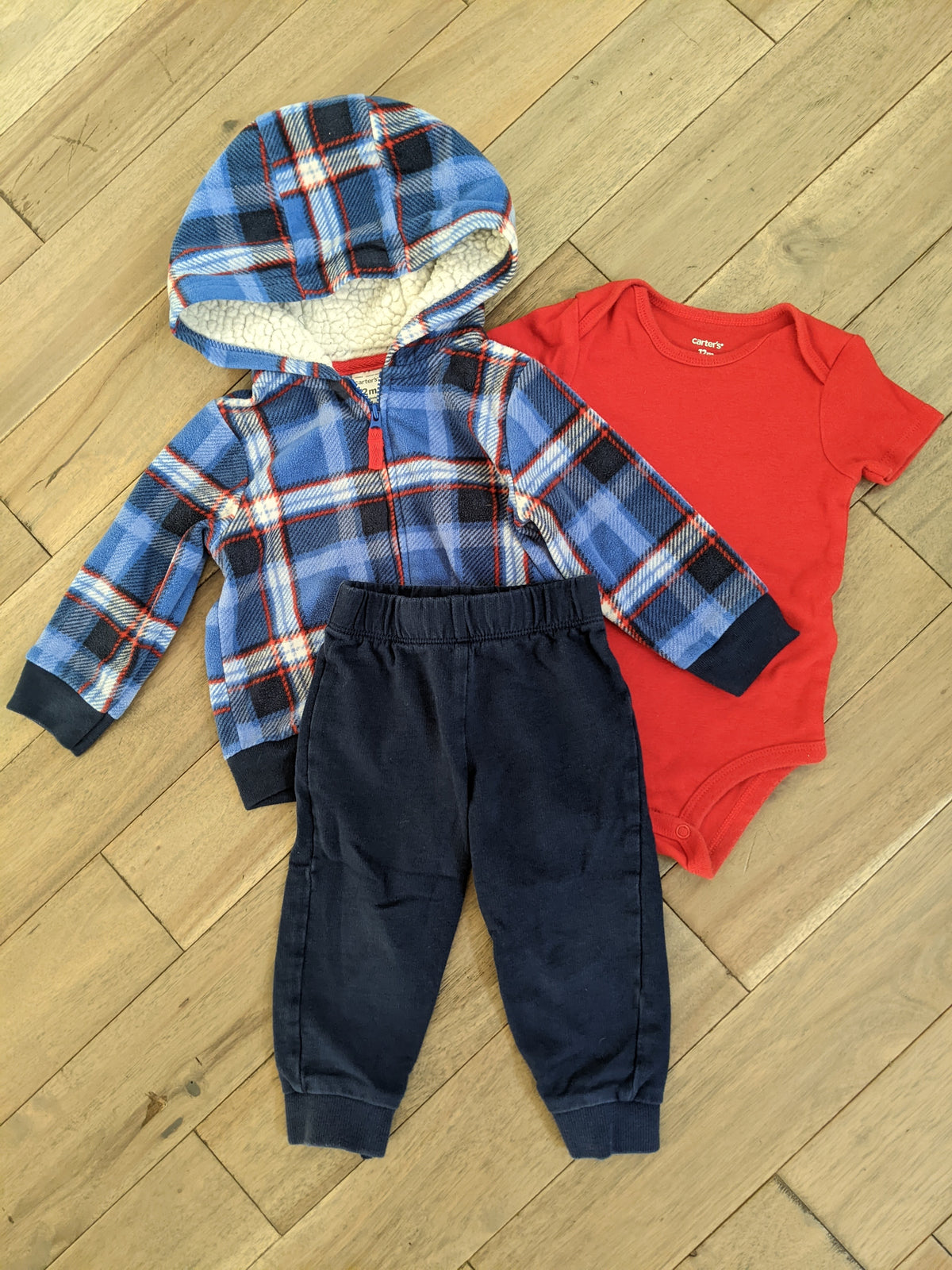 EUC Carter's 3-piece: Red onesie, Navy pants, - size Month - 9-12 / 12M