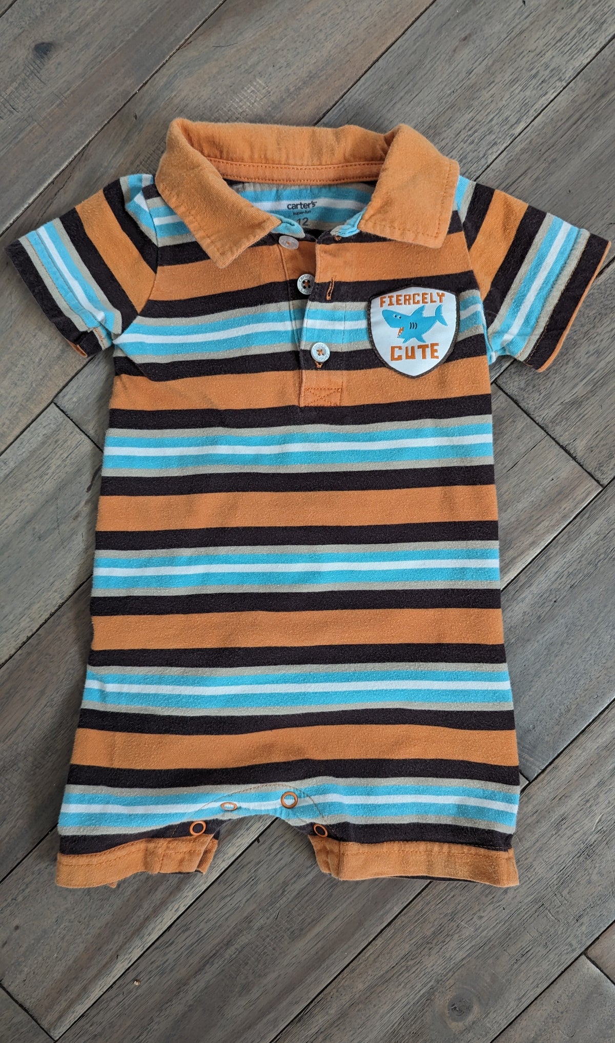 Carter's striped romper: Orange/aqua w/ shark - size Month - 9-12 / 12M