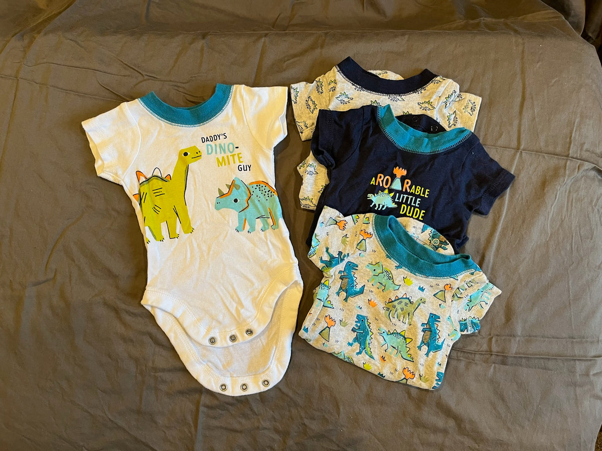 4x s/s Dino Onesies, 3M VGUG, assorted patterns - size Month - 0-3 / 3M