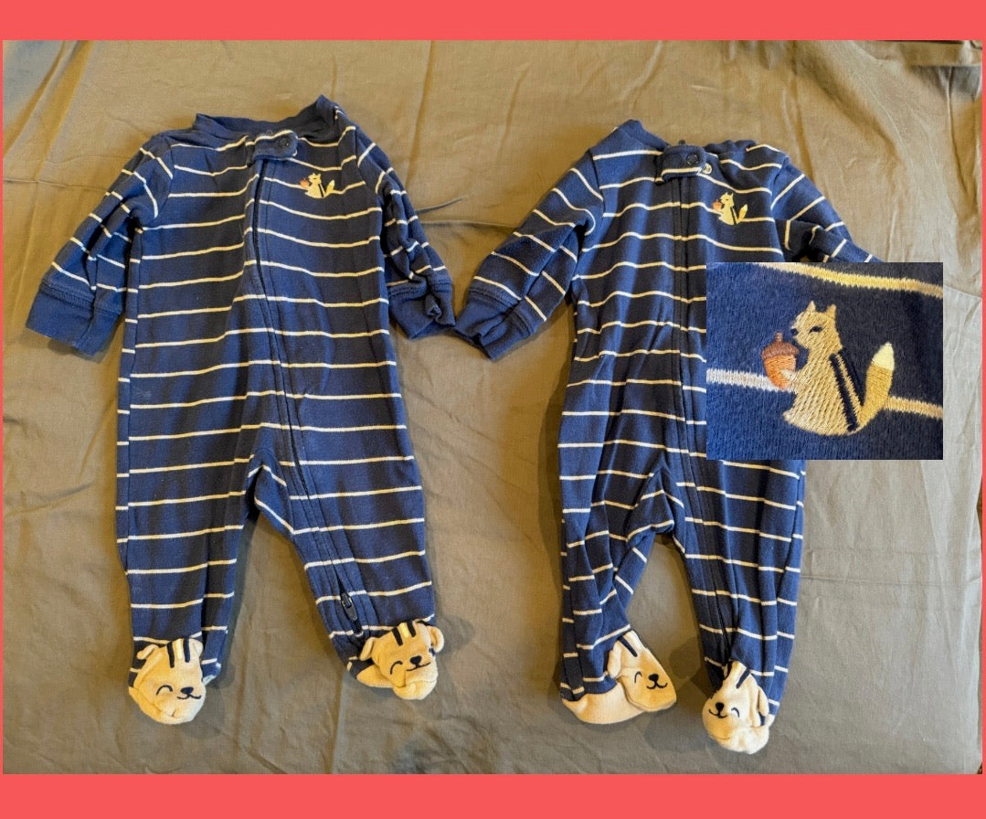 Squirrel Pajamas, 0-3M Zippers, Blue/Tan, VGUC - size Month - 0-3 / 3M