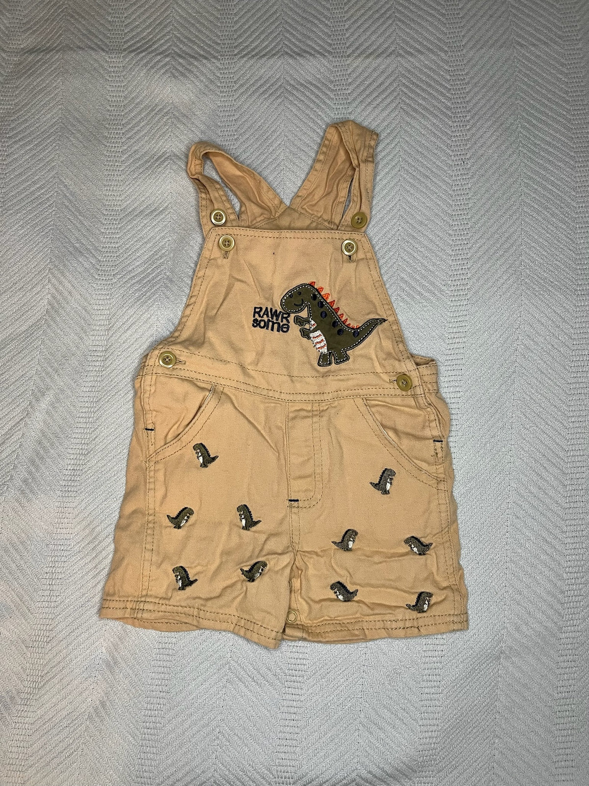 Dinosaur Overall Romper 18M Tan Cotton, EUC - size Month - 12-18 / 18M