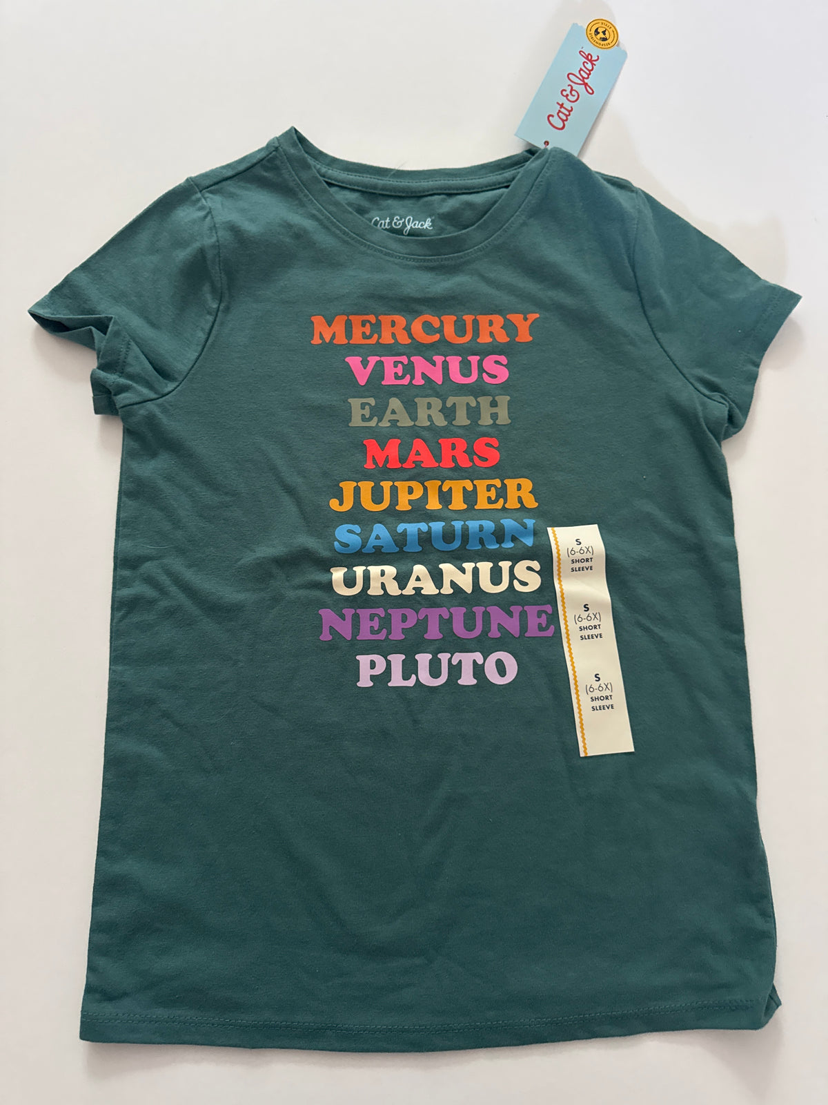 Girls Cat & Jack Green Planets space SS Tee NEW - size Youth - 6 (S)
