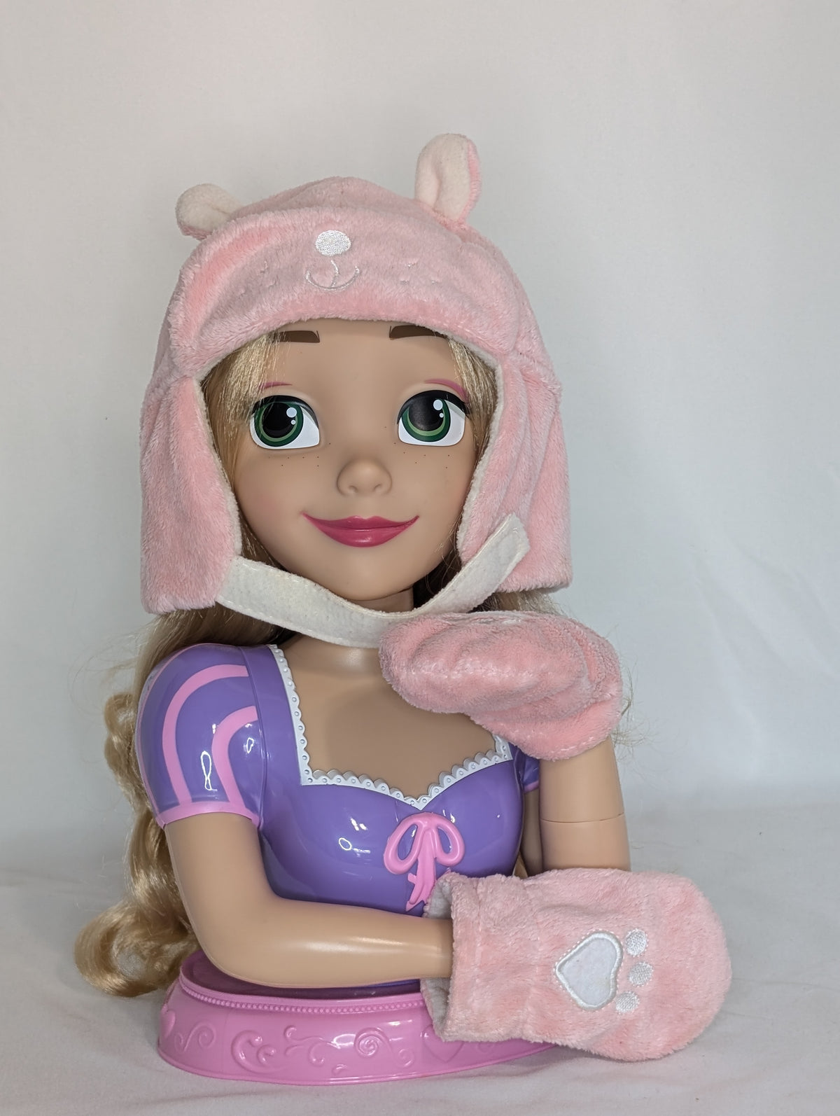 VGUC fleece hat & mitts set, light pink bear w/ - size Month - 6-12