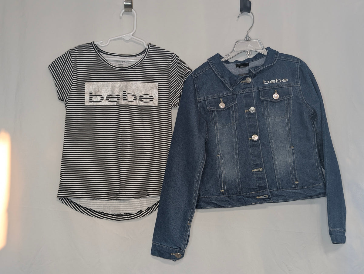 VGUC Bebe 2pc, black & white striped tee w/logo - size Youth - 10 (L)