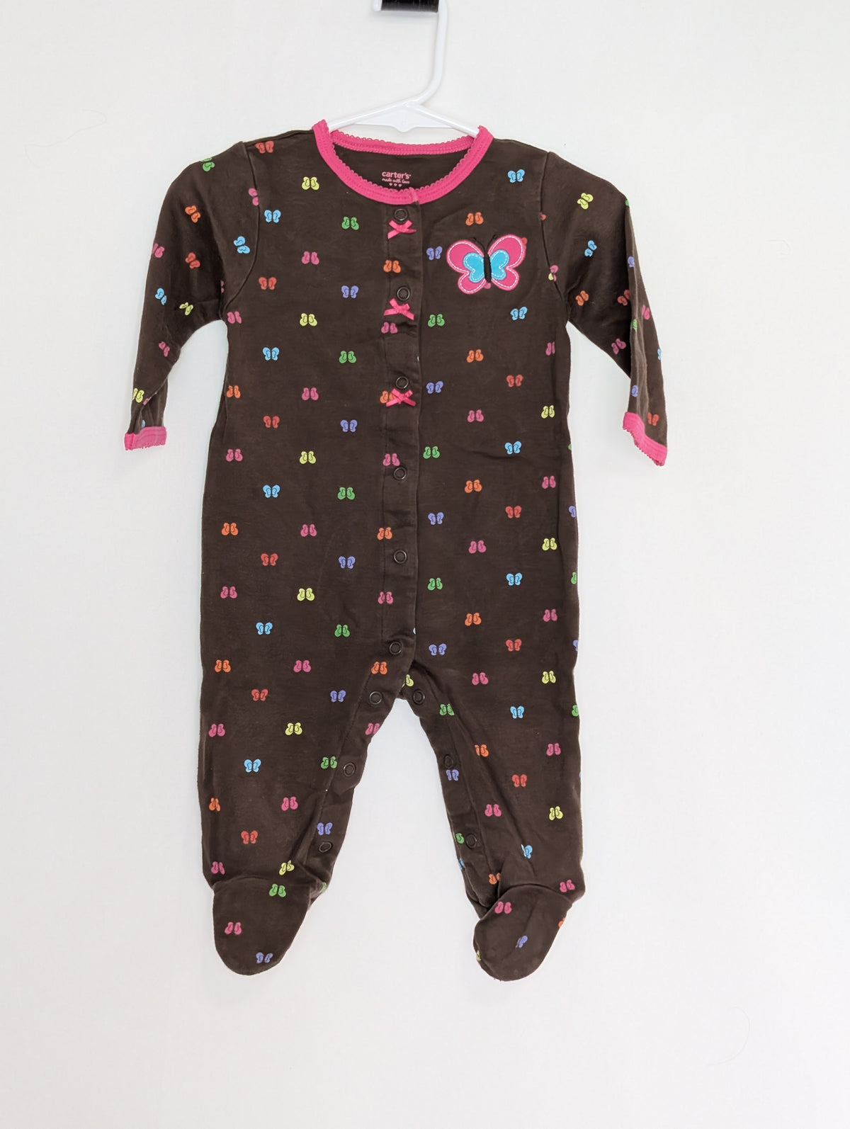 EUC Carter snap up sleep & play, brown w/pink bow - size Month - 6-9 / 9M