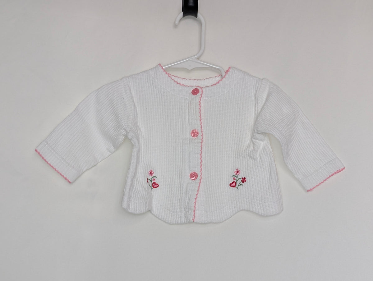 EUC l/s cardigan, white waffle texture w/pink - size Month - 3-6 / 6M