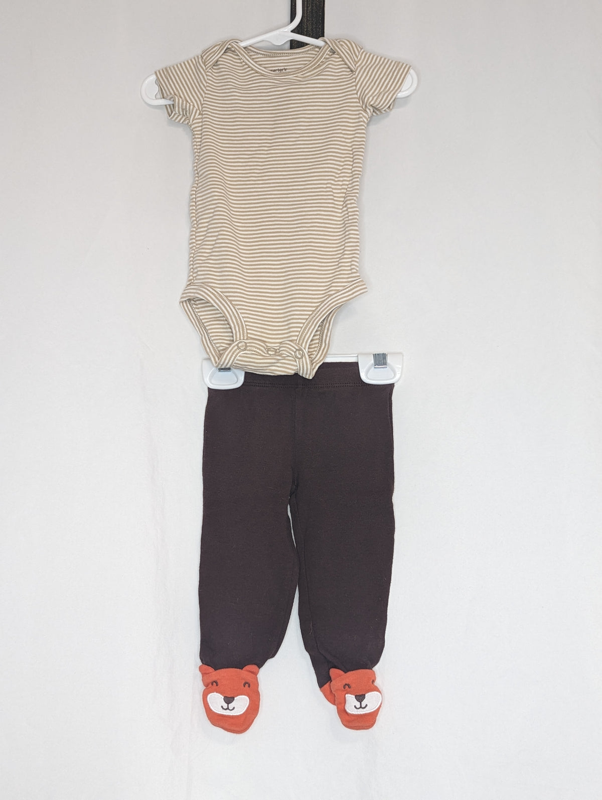 GUC 2pc, tan/white s/s striped onesie, brown - size Month - 3-6 / 6M
