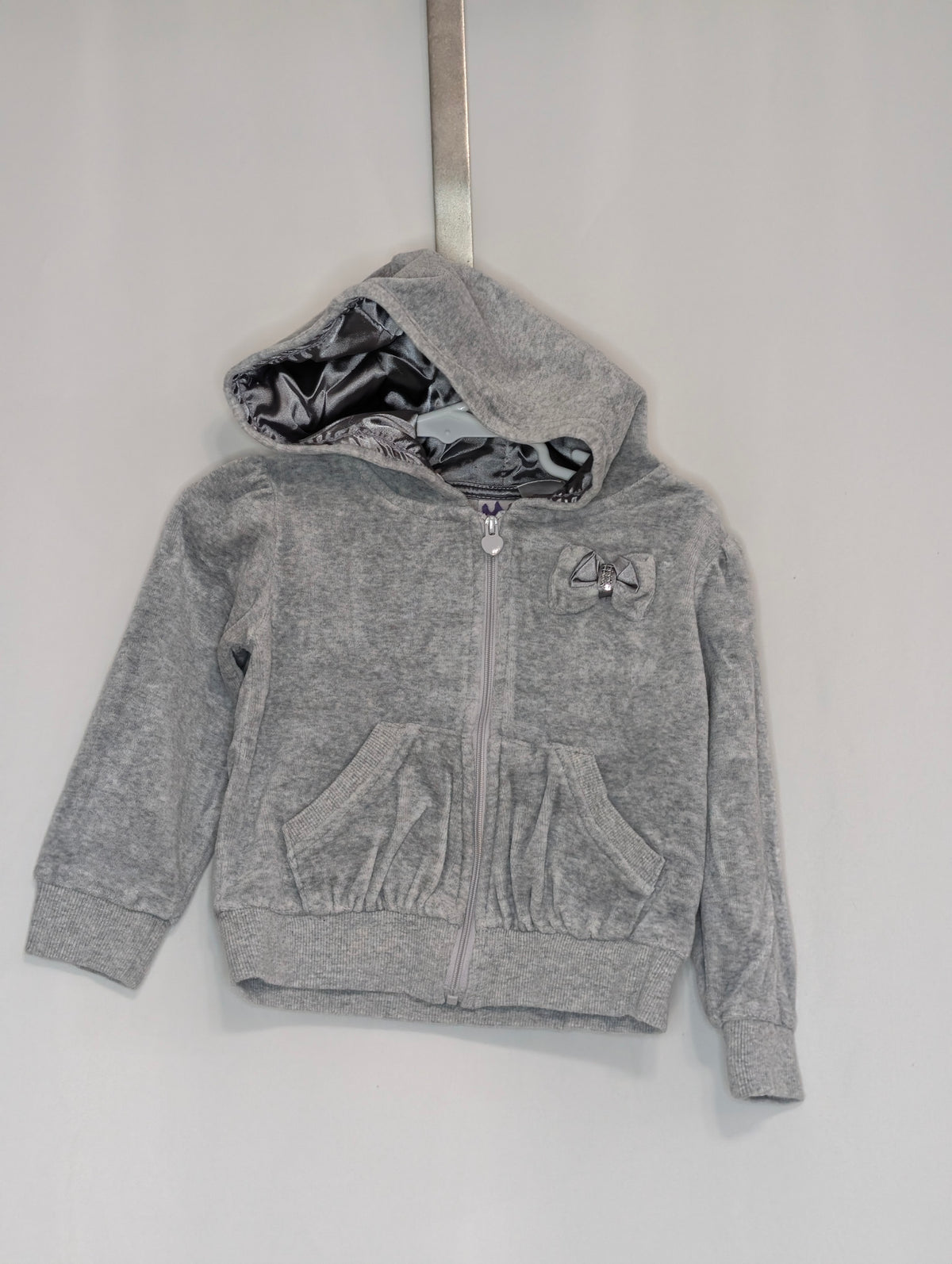 EUC grey full zip hoodie velour, satin lined hood - size Month - 18-24 / 24M