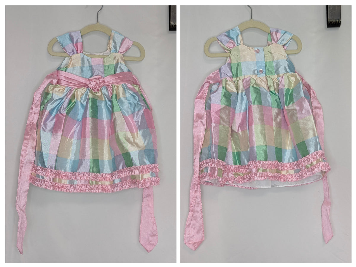 EUC Easter tank dress, pastel check, pink ties, - size Month - 9-12 / 12M