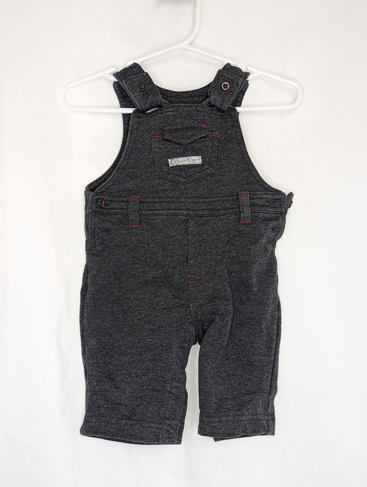 EUC CK overalls, dark grey w/ red trim, snap - size Month - 0-3 / 3M