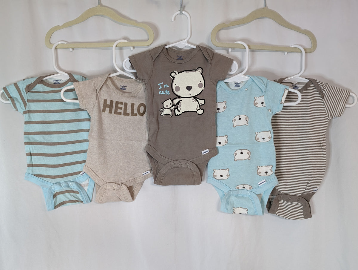 EUC set of 5 onesies, aqua, tan, taupe, bears - size Month - 3-6 / 6M