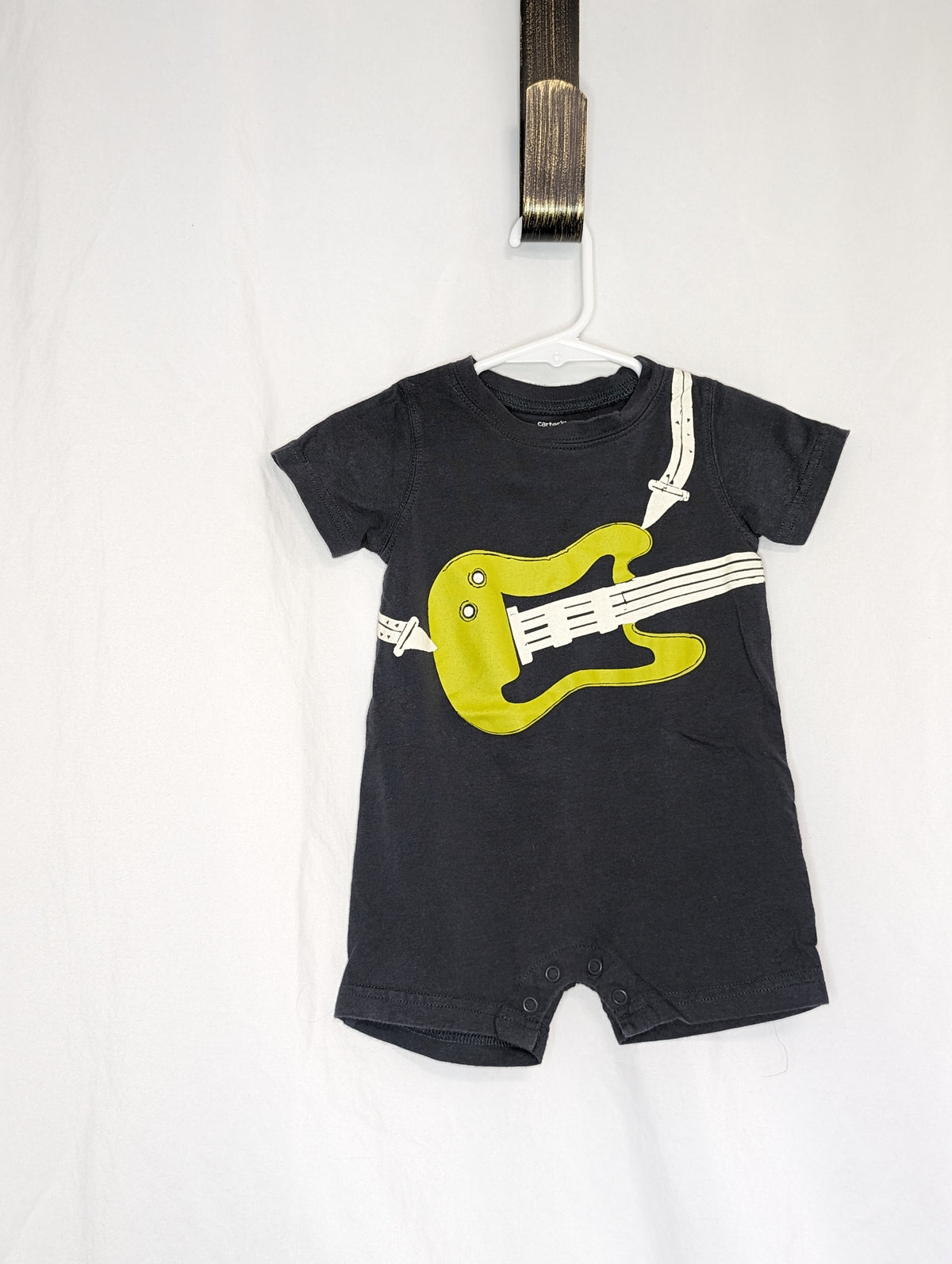 EUC Carter shorts romper dark grey w/ lime green - size Month - 6-9 / 9M
