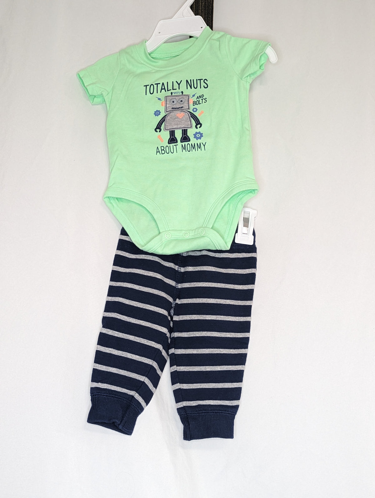 EUC Carter 2pc, navy/gry pants, bright green - size Month - 3-6 / 6M