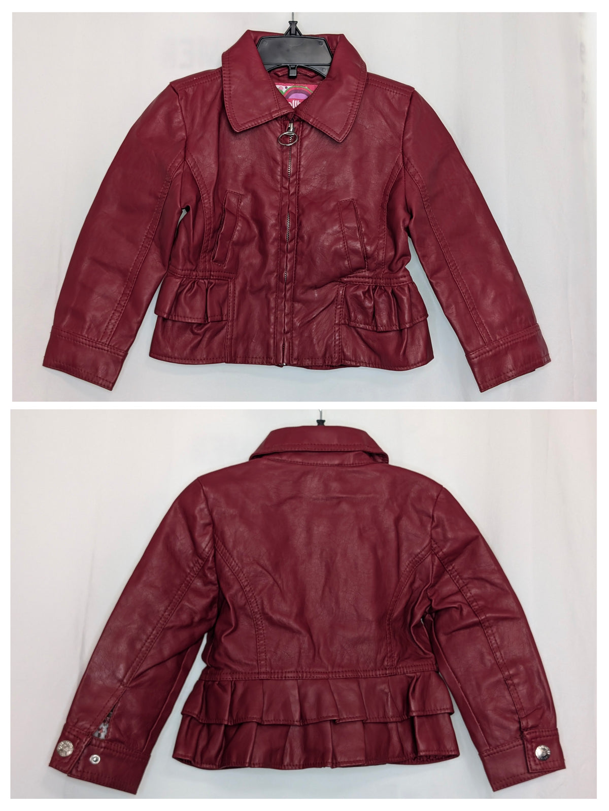 EUC faux leather full zip jacket, dark red, 2 - size Toddler - 3T