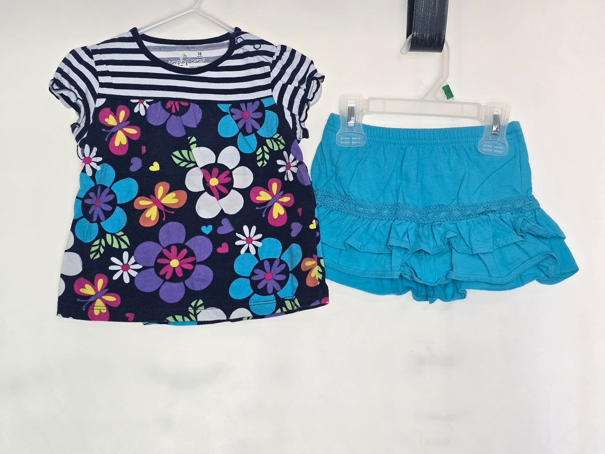 VGUC JumpBean 2pc, s/s navy & floral print tee, - size Month - 12-18 / 18M