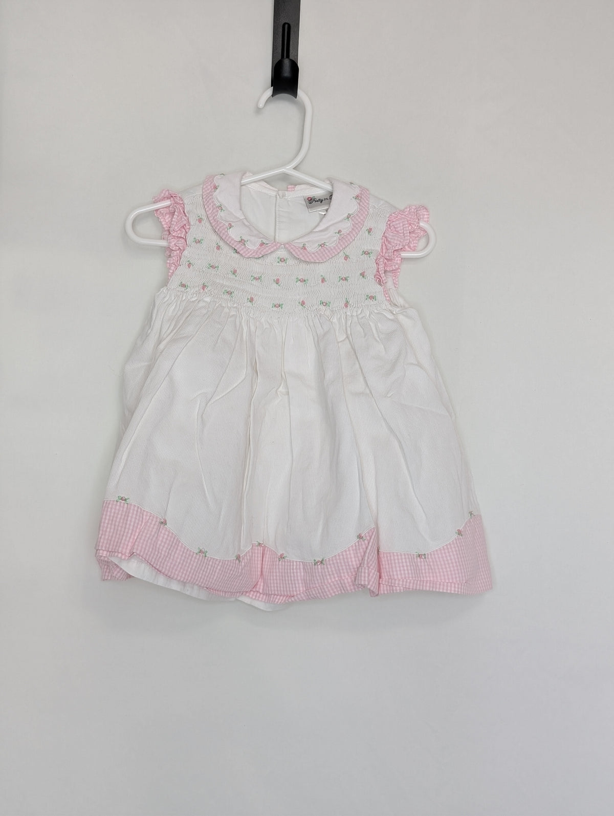 VGUC white ribbed dress, pink gingham trim, - size Month - 9-12 / 12M