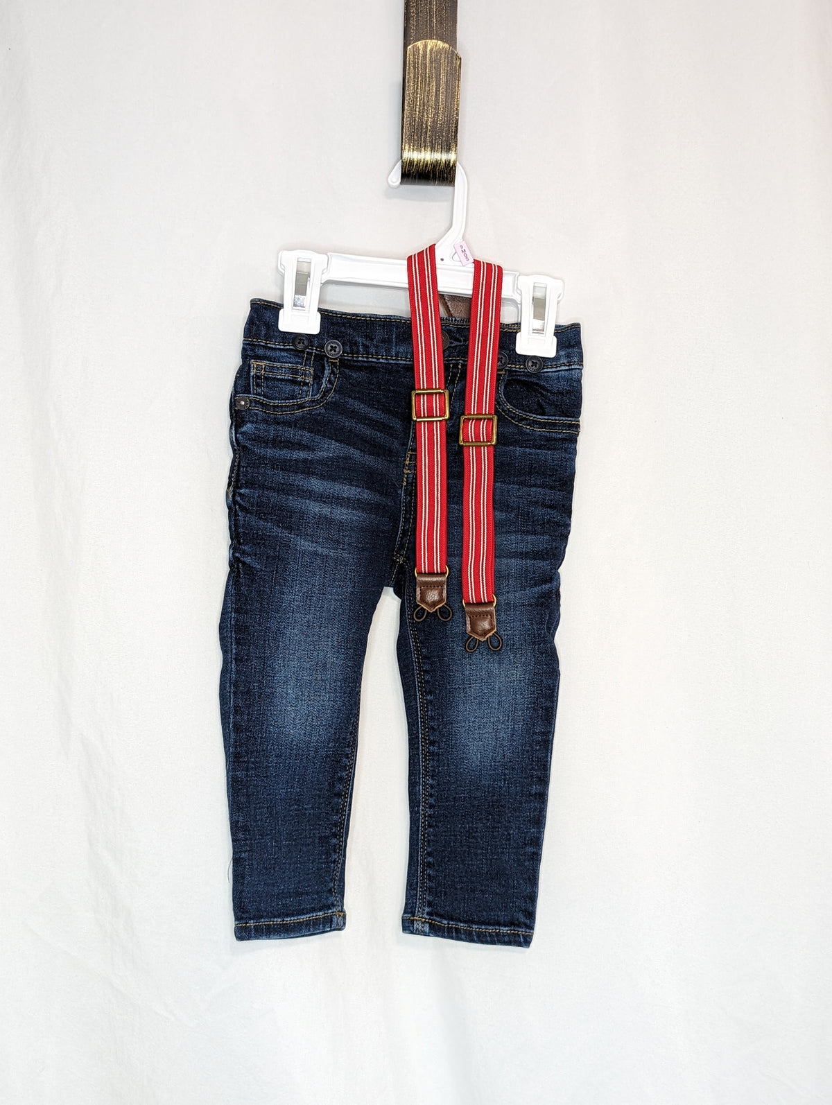 EUC OshKosh suspender jeans-dark blue, red/wht - size Month - 9-12 / 12M