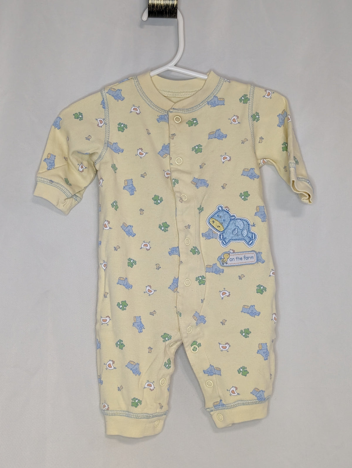 VGUC Carter l/s snap up romper, yellow w/ blue - size Month - 0-3 / 3M