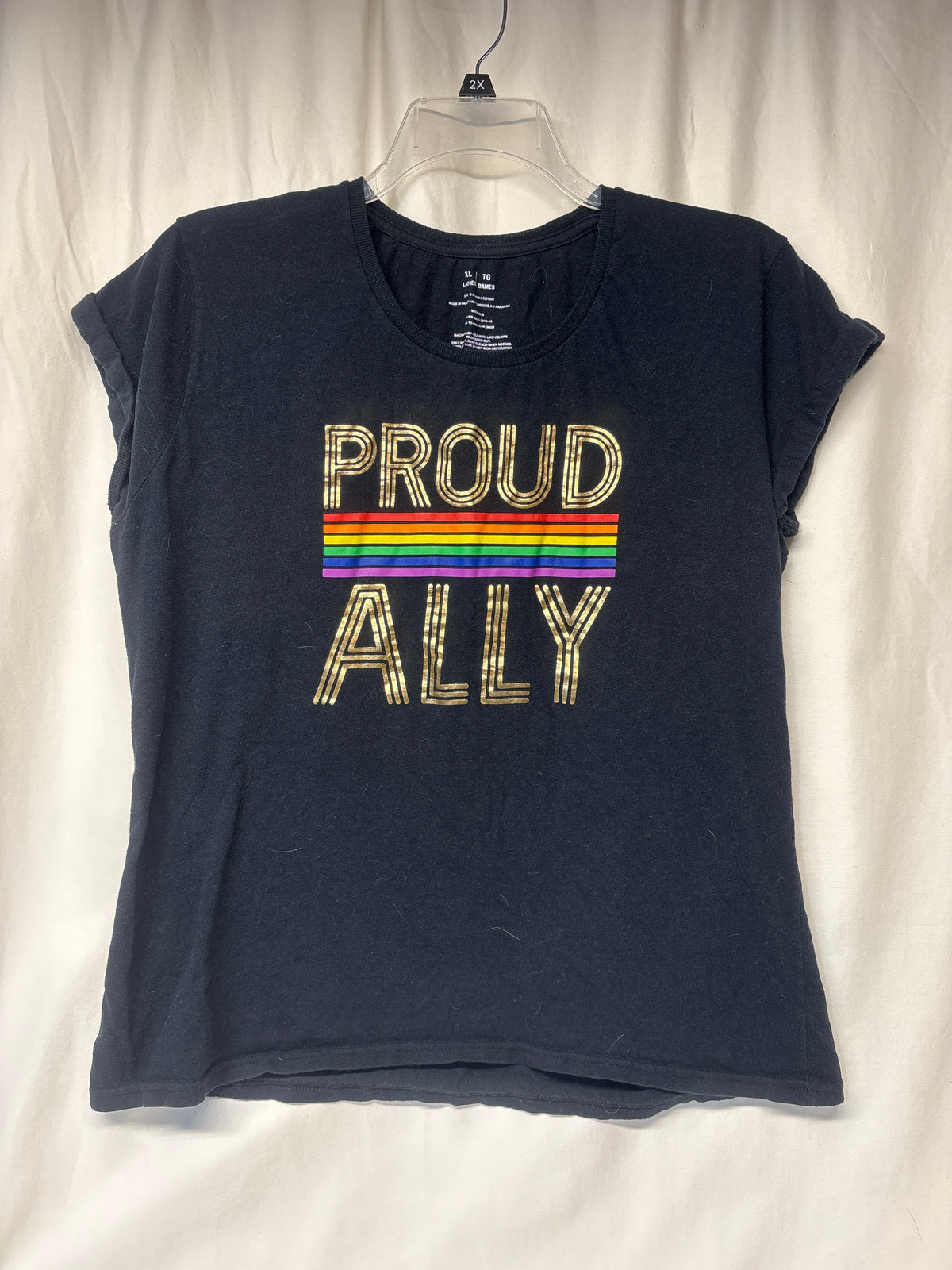 Black Proud Ally pride rainbow tee w/ cuffed - size Women - XL (16/18)