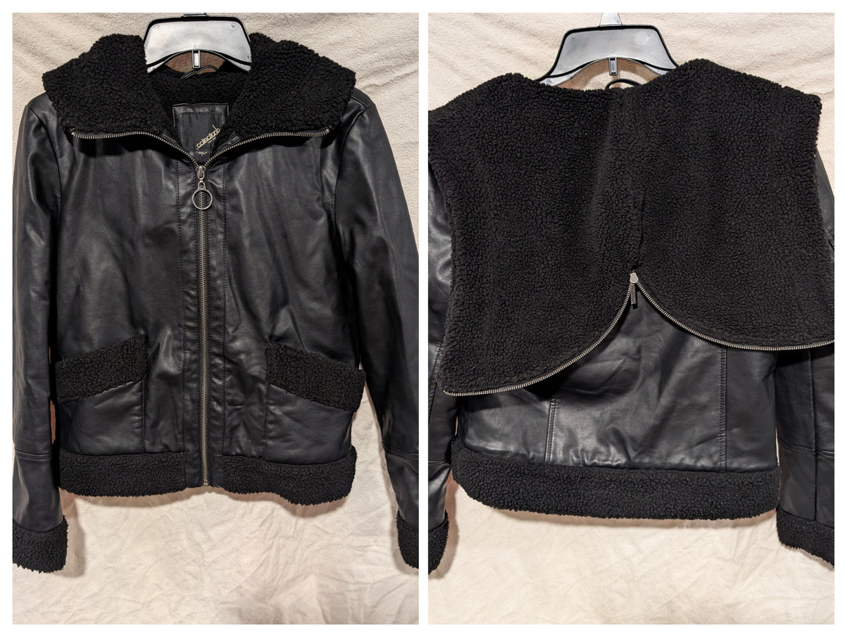 Pleather Black Coat w/Blk Fleece inside - size Junior - S (3/5)