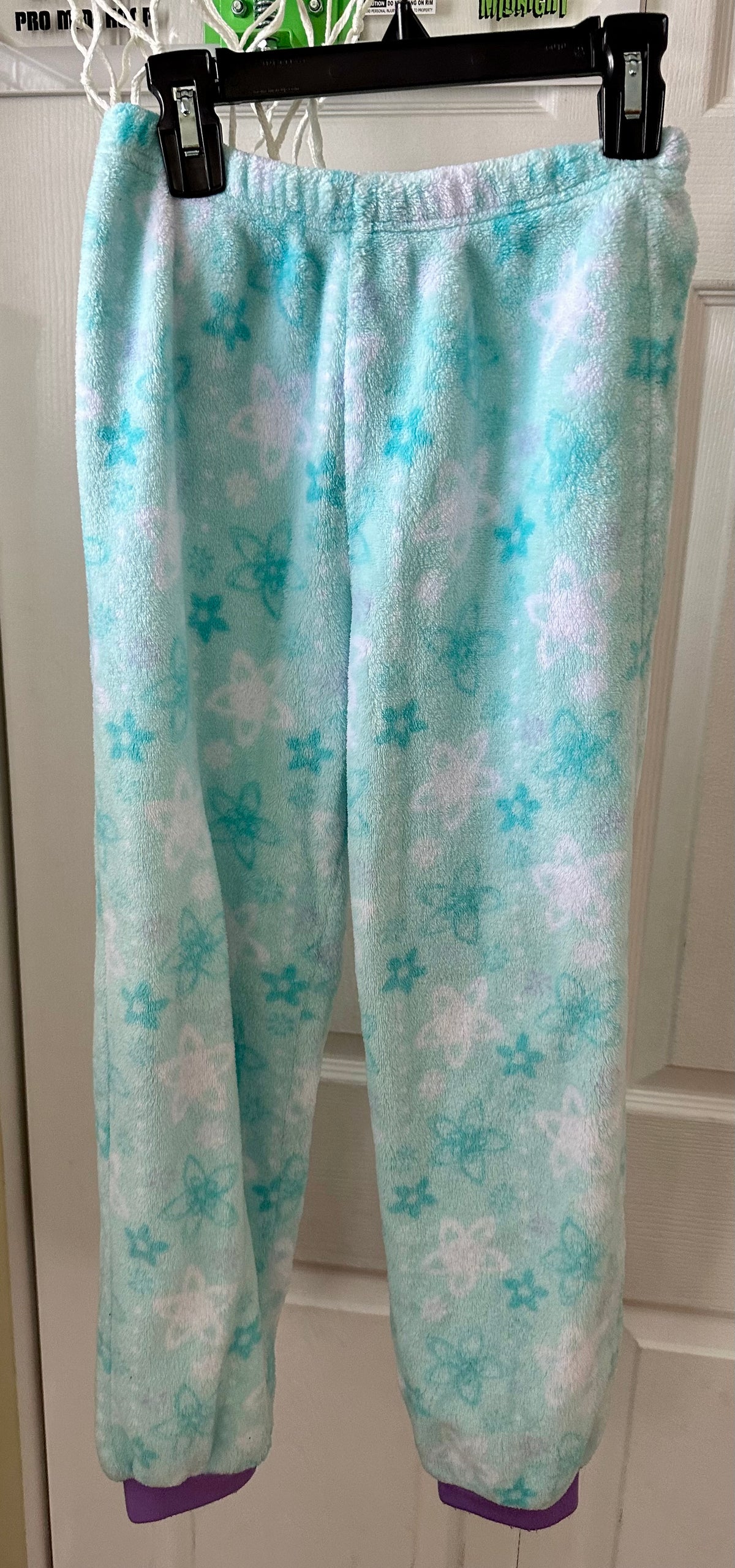 12 soft cozy poly pants Aqua flower print VGUC - size Youth - 12 (L)