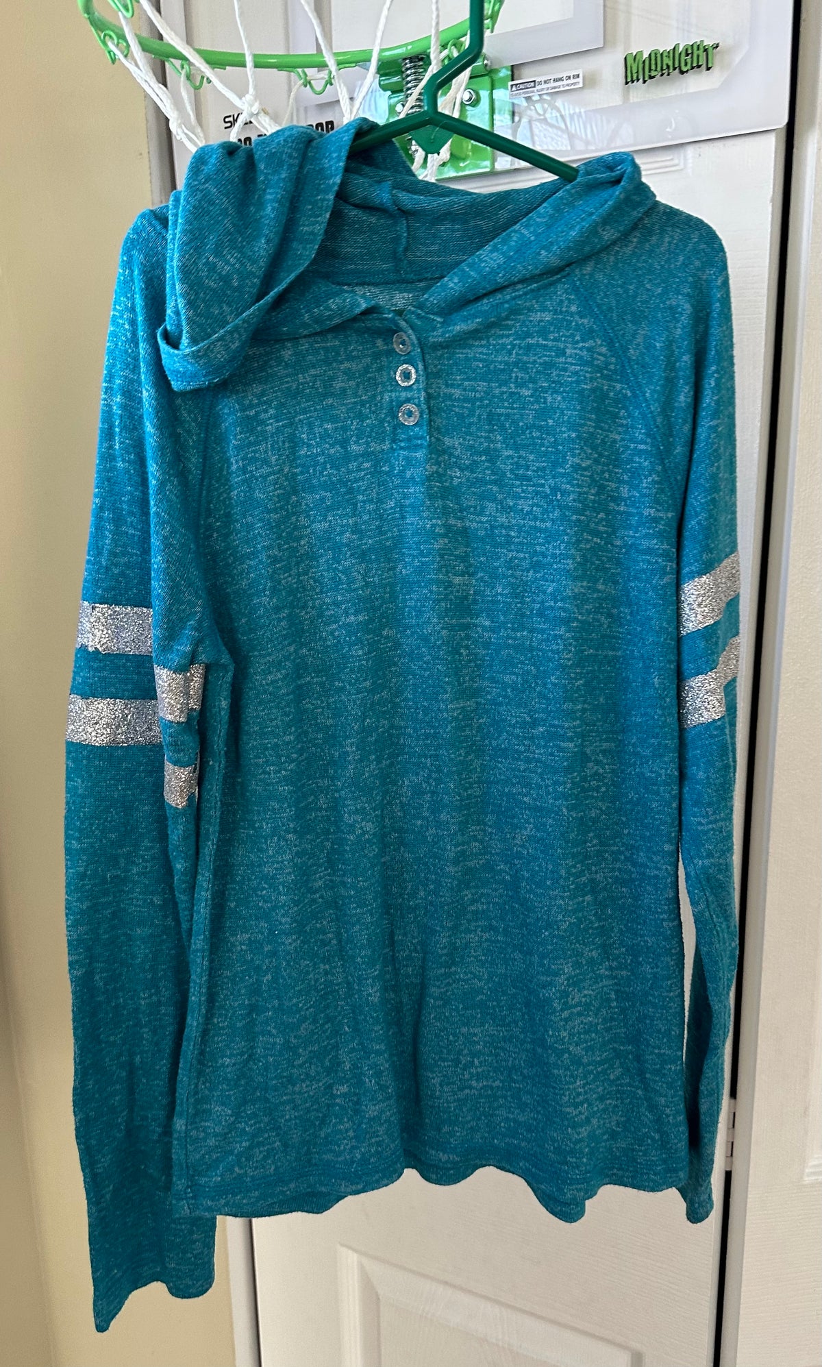 10 Sonoma teal hood top Rayon poly spandex EUC - size Youth - 10 (L)