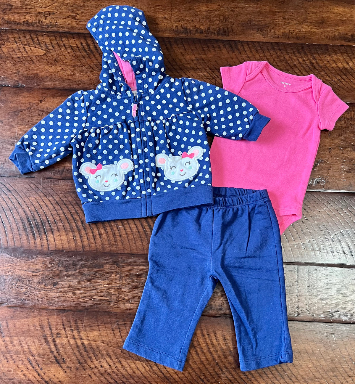 3pc MOUSE navy/pink set NEW! Hoodie, top, pants - size Month - 0-3 / 3M