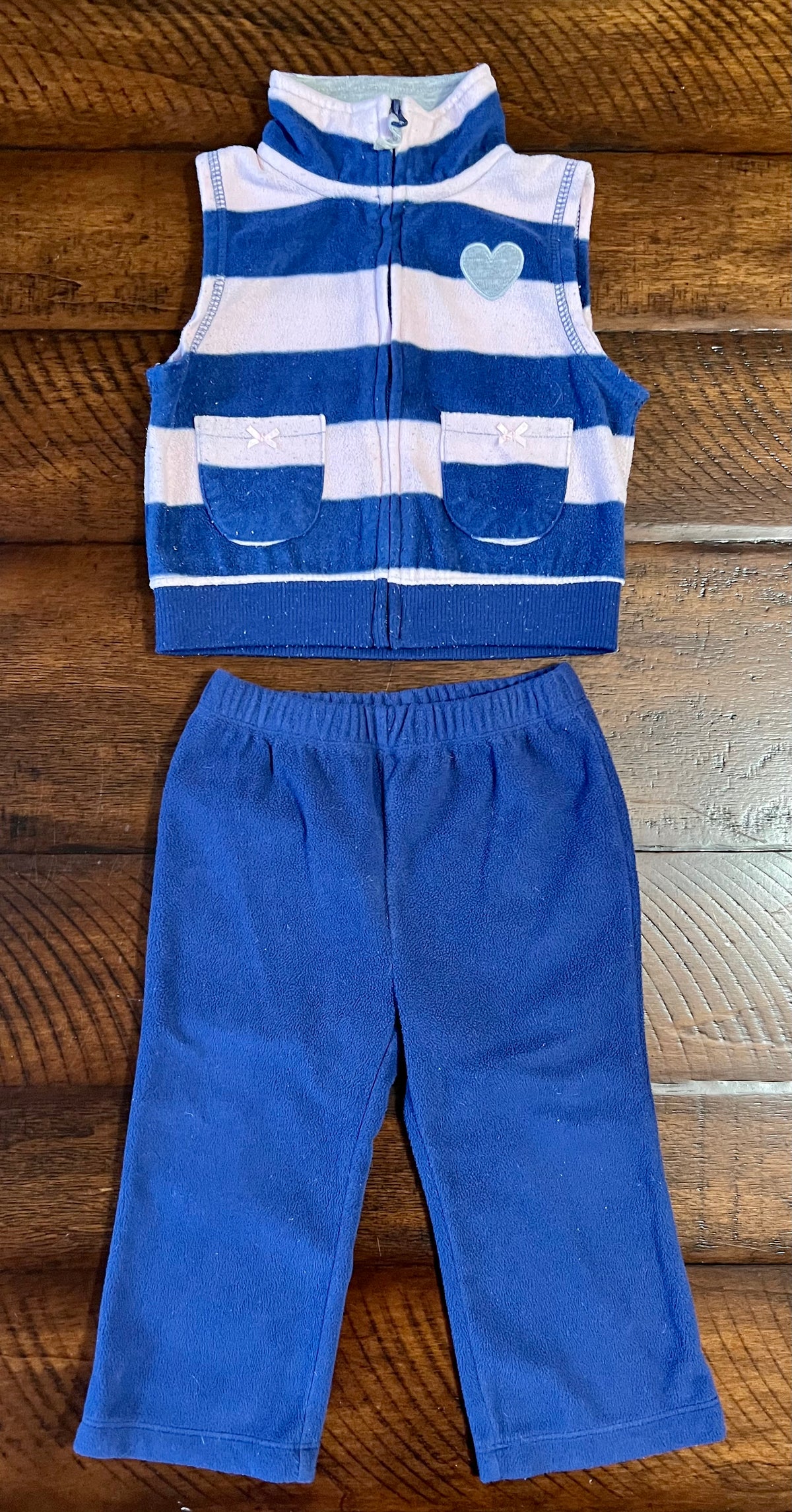 2pc Carters blue pants pink & blue fleece vest - size Month - 12-18 / 18M