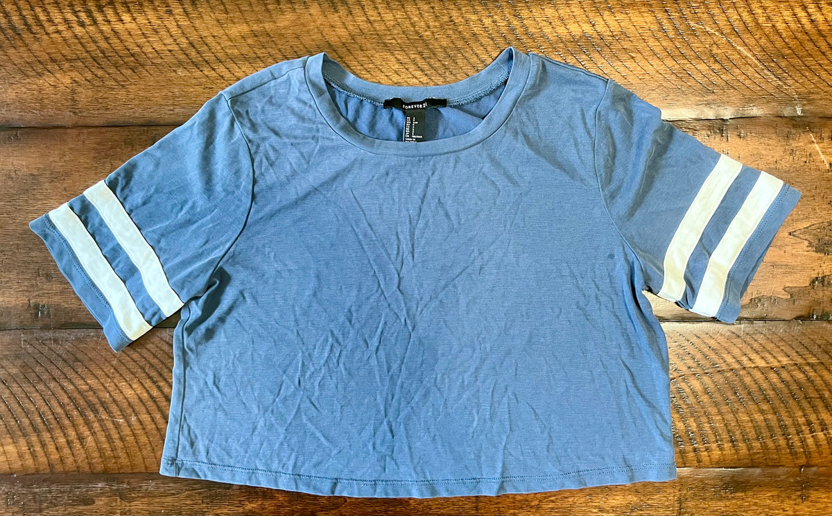 F21 Blue shortsleeve top -white stripes on sleeve - size Junior - S (3/5)