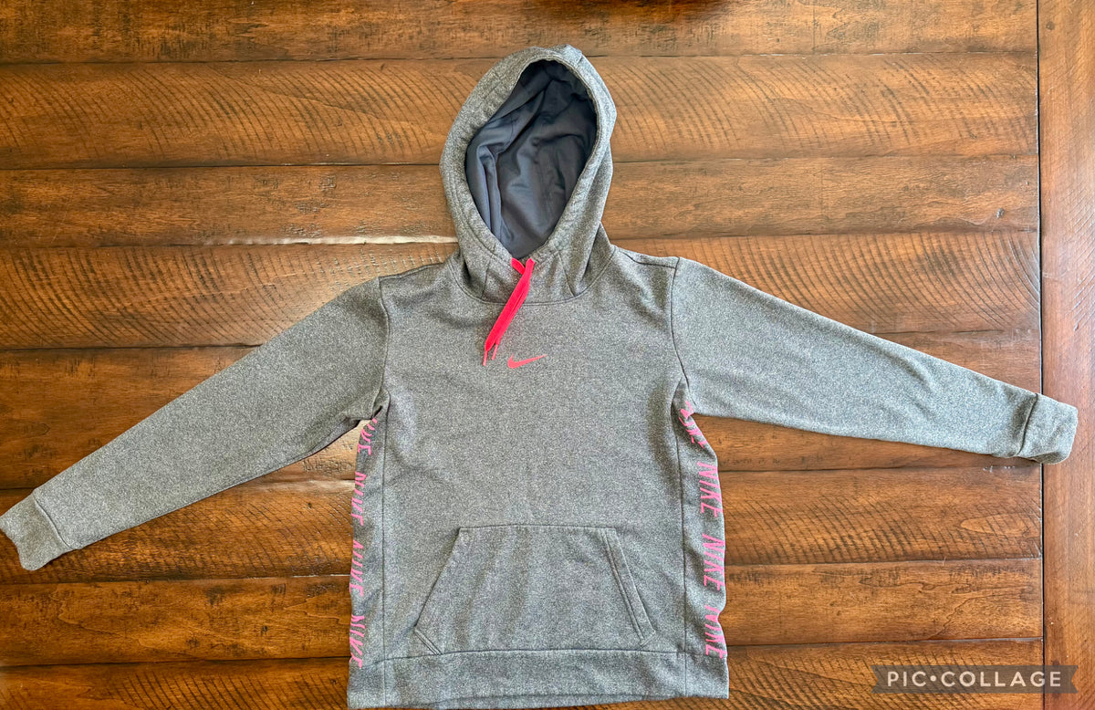 Gray marbled NIKE hoodie -PINK Nike down sides - size Junior - S (3/5)